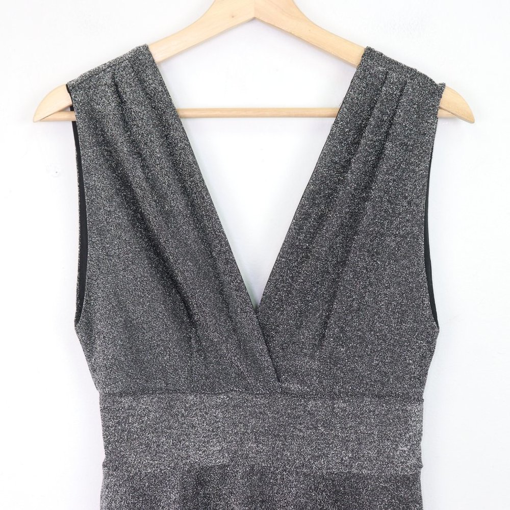 NWT Fraiche by J Metallic Shimmer Deep V-Neck Fit & Flare Minidress Silver Black - Picture 6 of 8